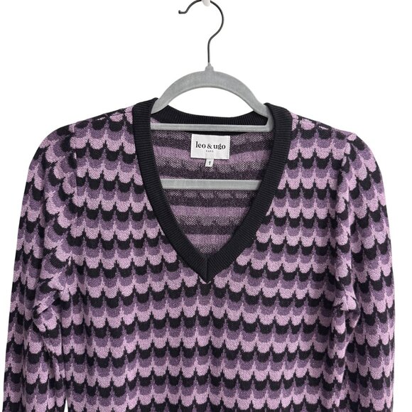 Leo & Ugo Purple Black Scallop Lurex Striped Knit V-Neck Sweater Size S France - Picture 6 of 12